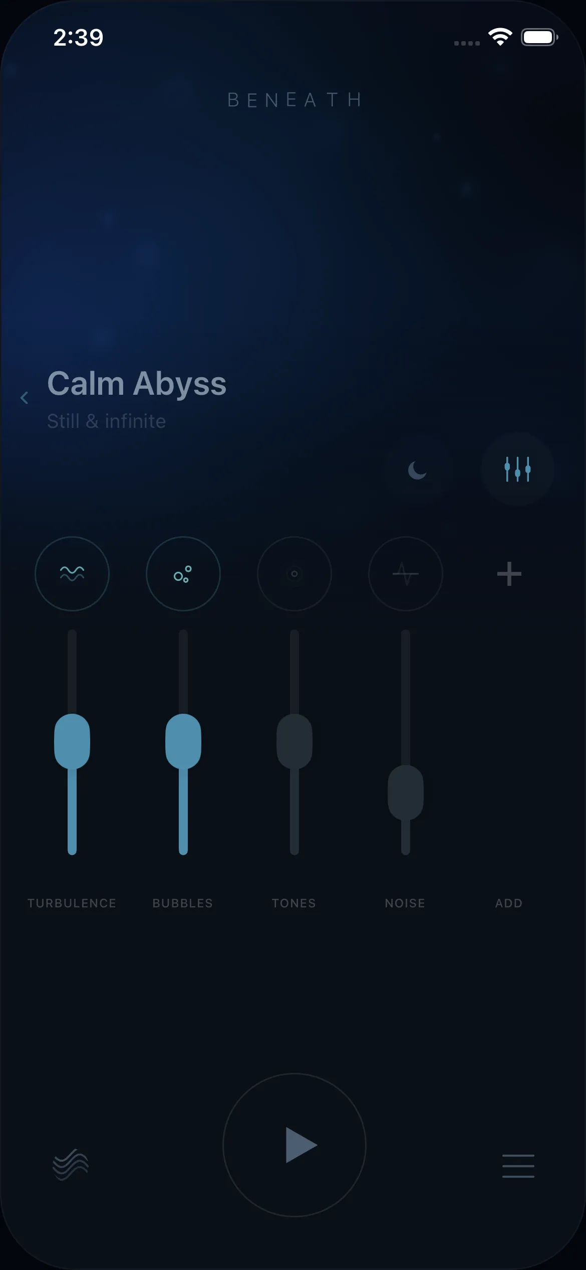 Beneath app showing Calm Abyss soundscape with mixer controls